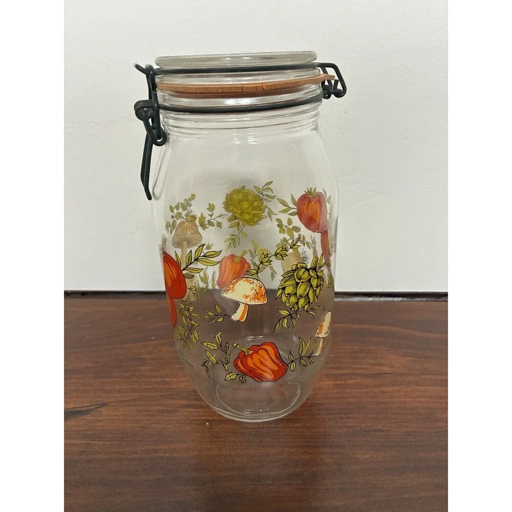 Vintage Glass Jar Canister Hinged Lid 2L Spice of Life Mushroom Vegetable France